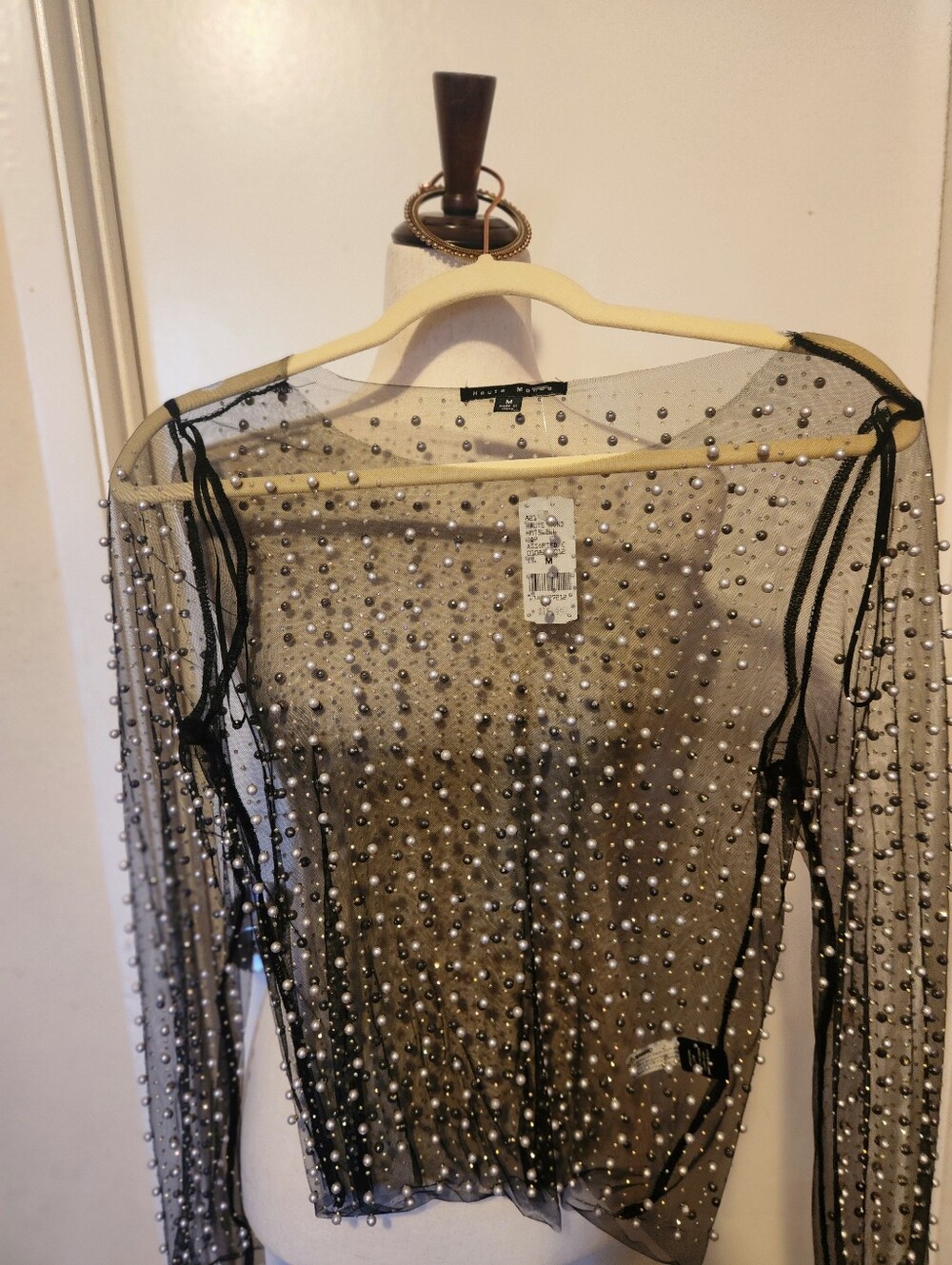 Embellished Sheer Long-Sleeve Dress Top - Black